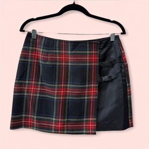 Express Red and Black Plaid Mini Skirt with Buckle Accents